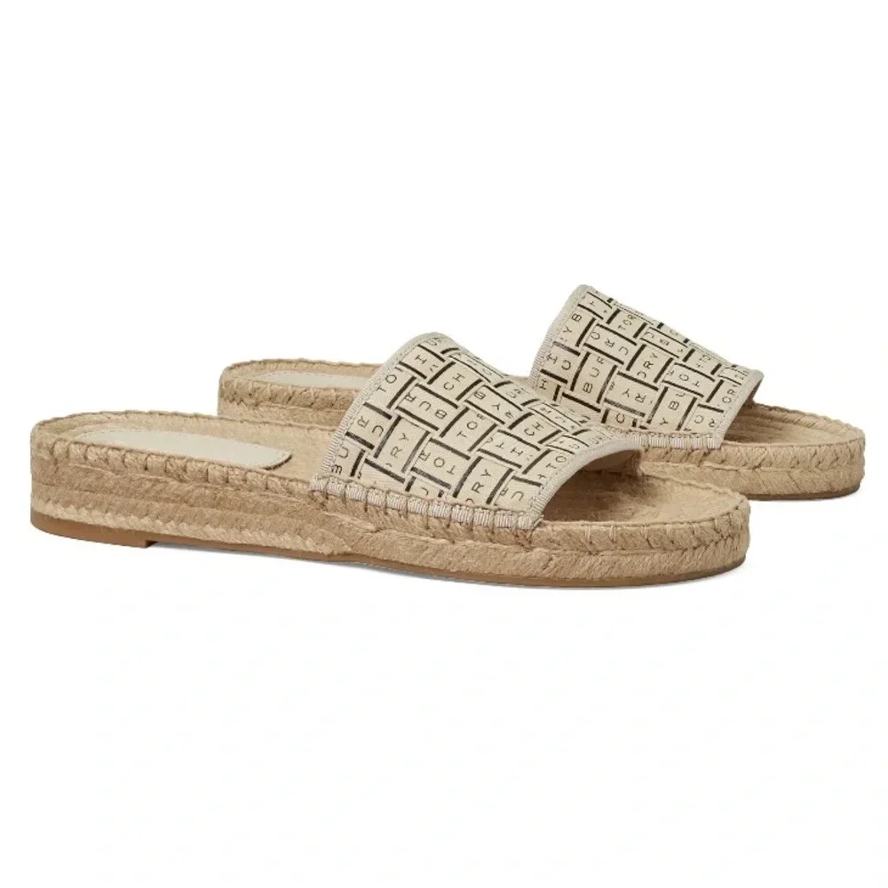 NIB Tory Burch Espadrille Slide in Cream and black Size: 10